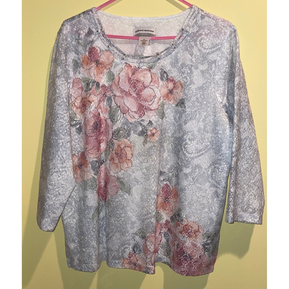 Alfred Dunner Petite Floral Lace Print Blouse 3/4 Sleeve Studded Neck PL
